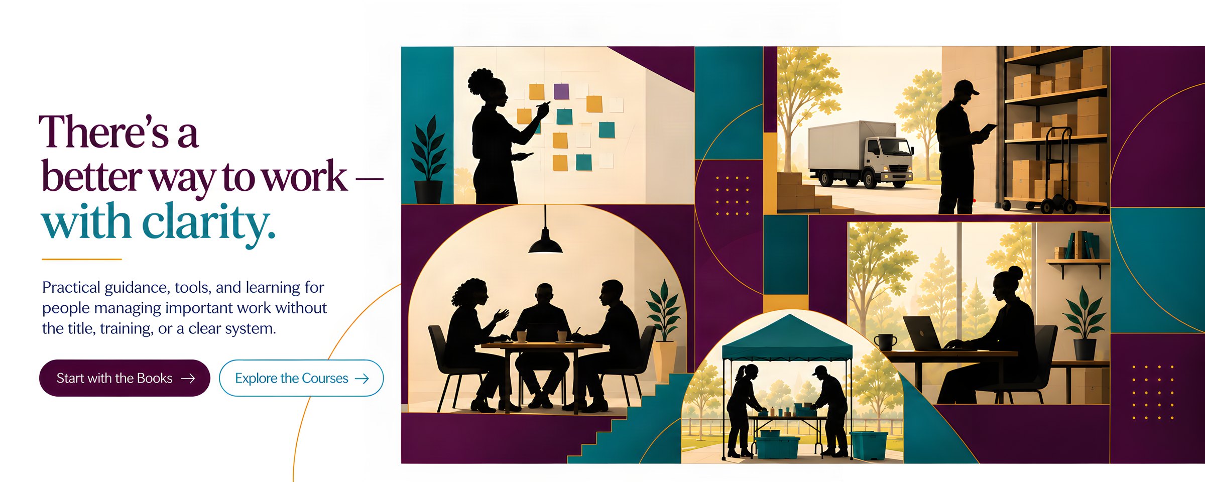 Project Clarity — There's a better way to work, with clarity. Five workplace environments showing people managing projects across different settings.