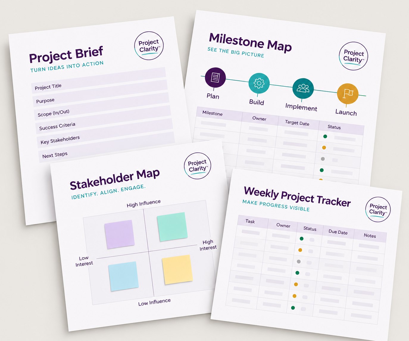Project Clarity templates — Project Brief, Milestone Map, Stakeholder Map, Weekly Project Tracker